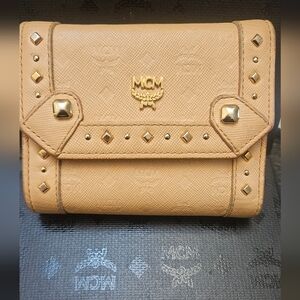 MCM Tan Studded Leather Trifold Wallet